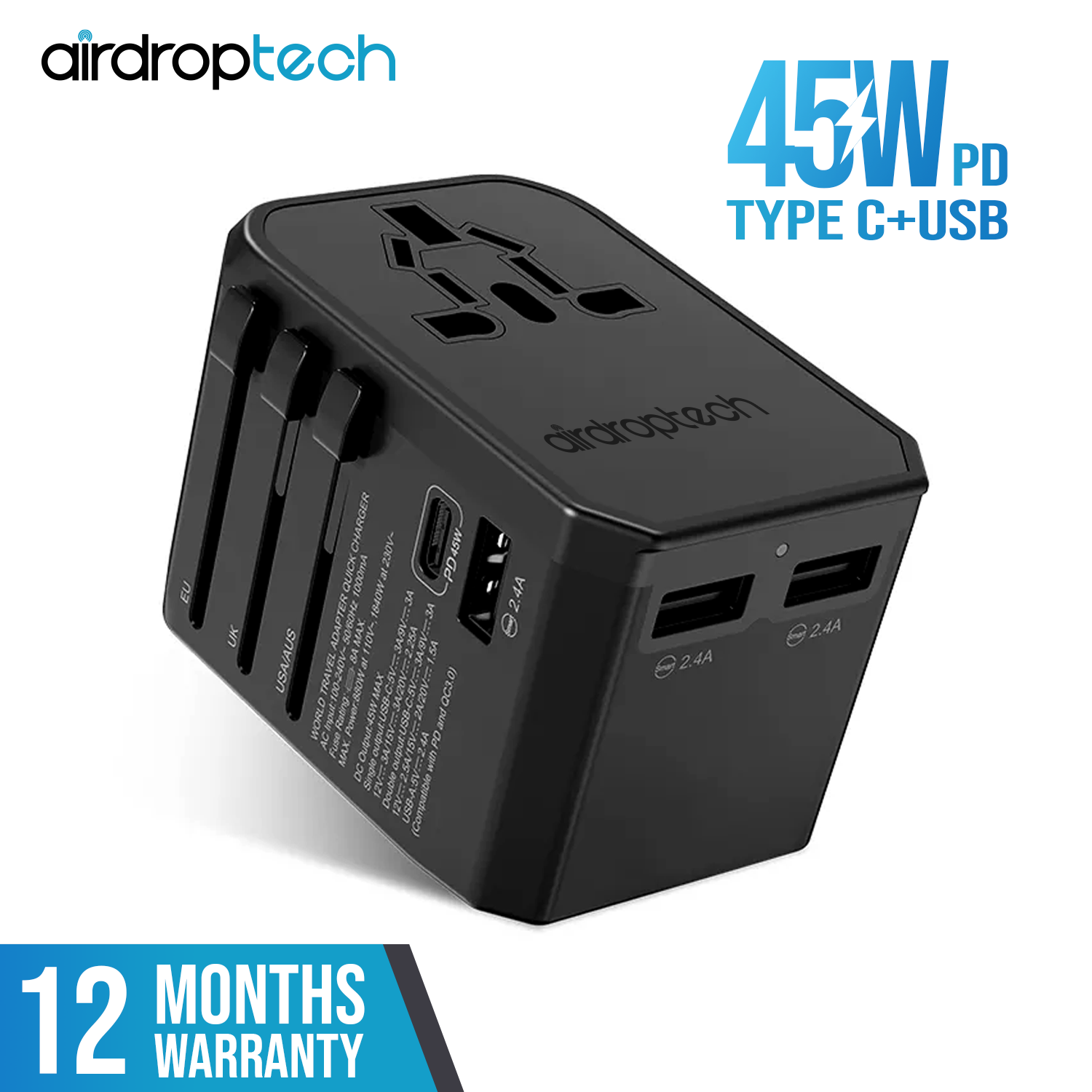 AIRDROPTECH 45W PD Type-C QC3.0 Port Universal Travel Adapter Gen 2 with 3 USB Wall Macbook Pro Air Charger Plug (Black)