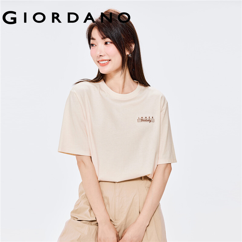 GIORDANO Women T-Shirts Music Print Graphic 100% Cotton Casual T-Shirts Short Sleeve Crewneck Summer Relaxed Simple Tee 05392322