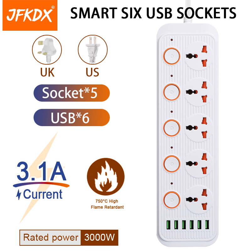 (Gift)JFKDX A06 UK Plug 3000W Power Strip 3 Universal Outlet+6 USB Extension Socket 3.1A Separate Switch Wall Mounted For Home Office With 2 Meter Power Socket