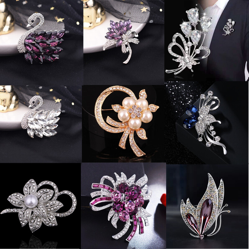 Elegant Swan Amethyst Flower Brooch Diamond Pin Ladies Luxury Pearl Crystal Silver Plated Fashion Clothes Accessories