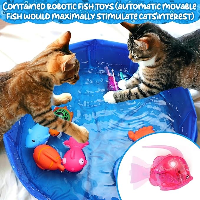 Mity rain Cat Pool with Fish, Cat Toys for Bored Indoor Cats, Funny Interactive Cat Toy with Stimulate Robotic Fish Toys for Cat Water Play, Cat Swimming Pool for Self Play Enrichment