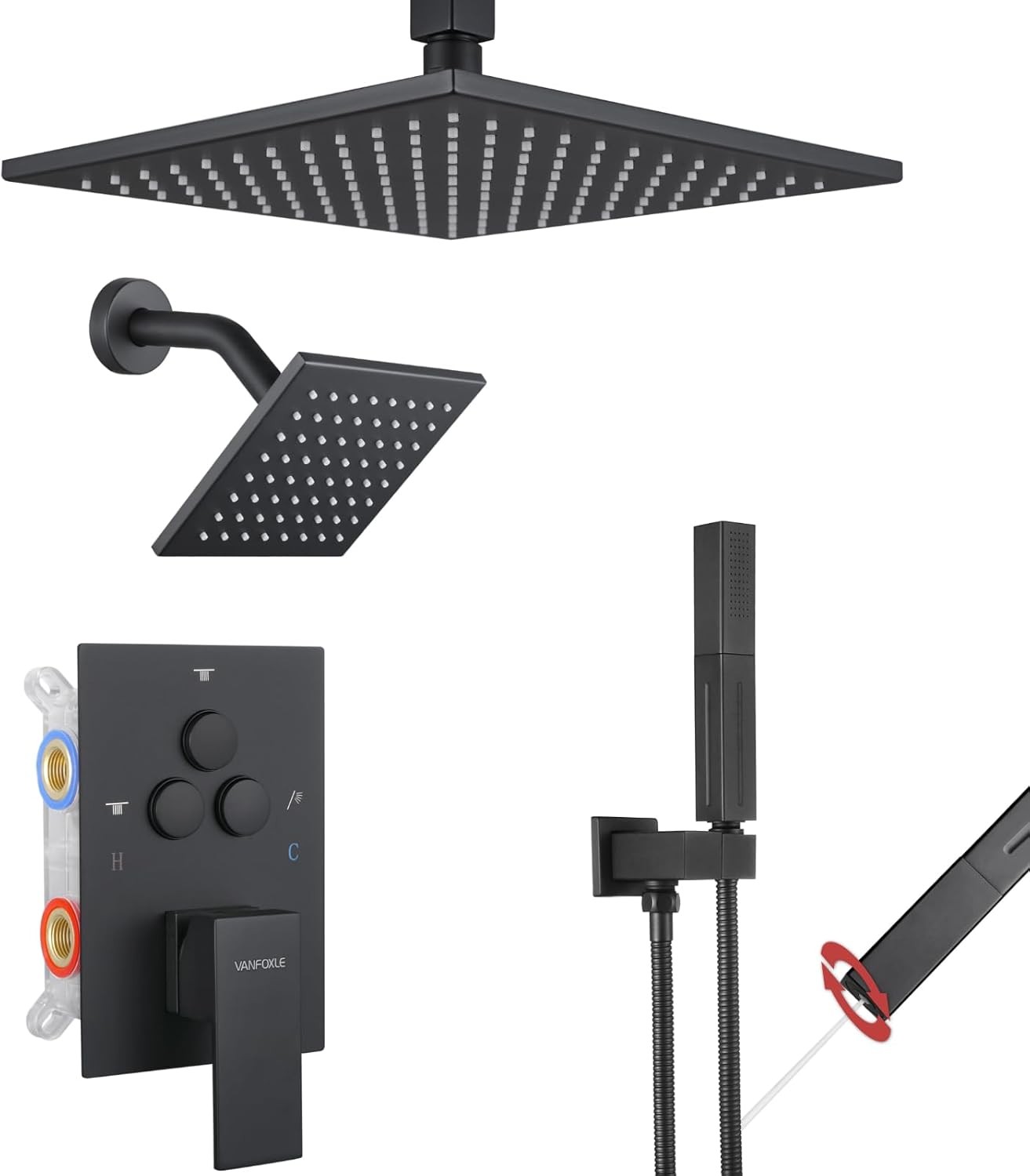 VANFOXLE Shower Faucet Set Matte Black Shower System, Push Button Diverter Shower Faucet with 2-in-1 Handheld, Ceiling Mount 25.4cm Shower Head with 15.2cm Wall Mount Shower Head