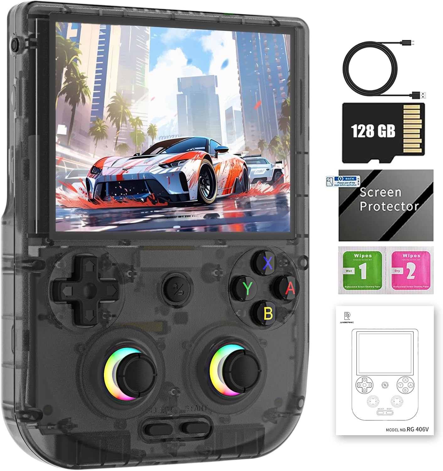 RG406V Handheld Game Console Preloaded Games RG 406V 4-inch IPS Multi-touch Screen Retro Game Console 128G UFS2.2 Android 13 Retro Emulator RG406V 5500mAh Battery 1080p DP Output WIFI Bluetooth Black